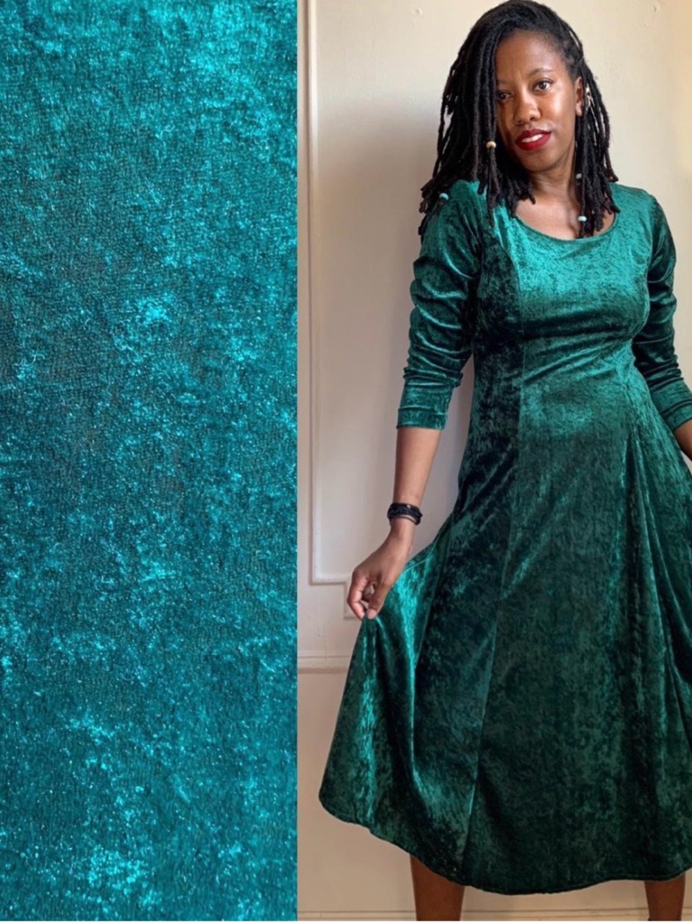 Vintage Emerald Green Velvet Long Sleeve Dress Size Medium